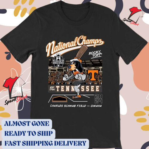 Official Tennessee Volunteers NCAA D1 Baseball College World Series National Champion 2024 Smokey Rocky Top Charles Schwab Field Omaha t-shirt